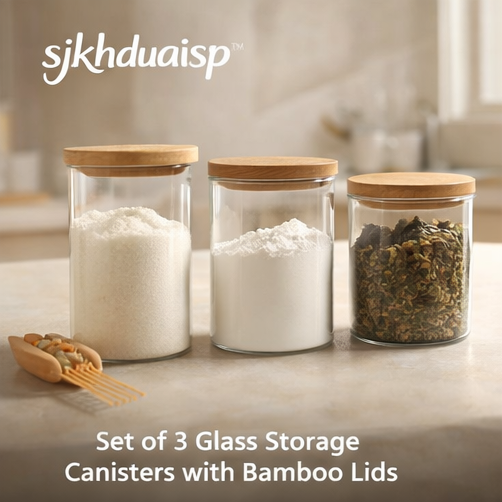 Glass Storage Canisters with Bamboo Lids – Set of 3 Airtight Containers for Sugar, Flour, and Tea